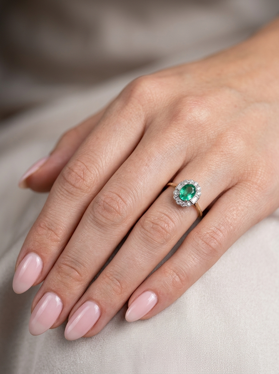 hand A stunning vintage cluster ring, set with an oval-cut emerald measuring 8 x 6mm, approximately 1.10 carats. The emerald displays a rich, deep grass-green colour with natural inclusions, typical of a genuine stone.
