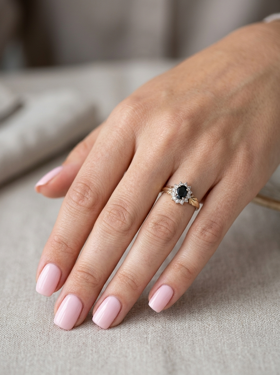 hand A traditional cluster ring that features to the centre a dark black blue oval cut sapphire 7x5mm (est 3/4 ct) claw set.