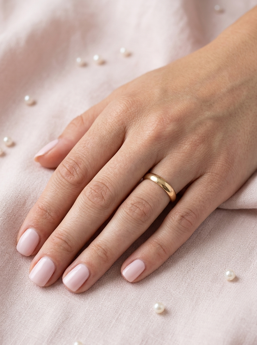 hand A traditional wedding ring. 22 carat gold (almost pure gold), D shape profile.

Width 4.7mm. Plain polished finish.