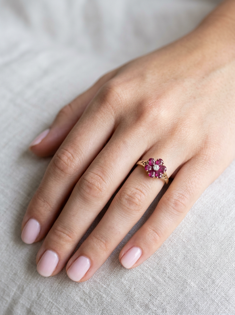 hand A very pretty 9 carat gold cluster ring. The centre stone a small illusion set diamond, 1.3mm

Surrounded by six pear shaped raspberry red rubies,