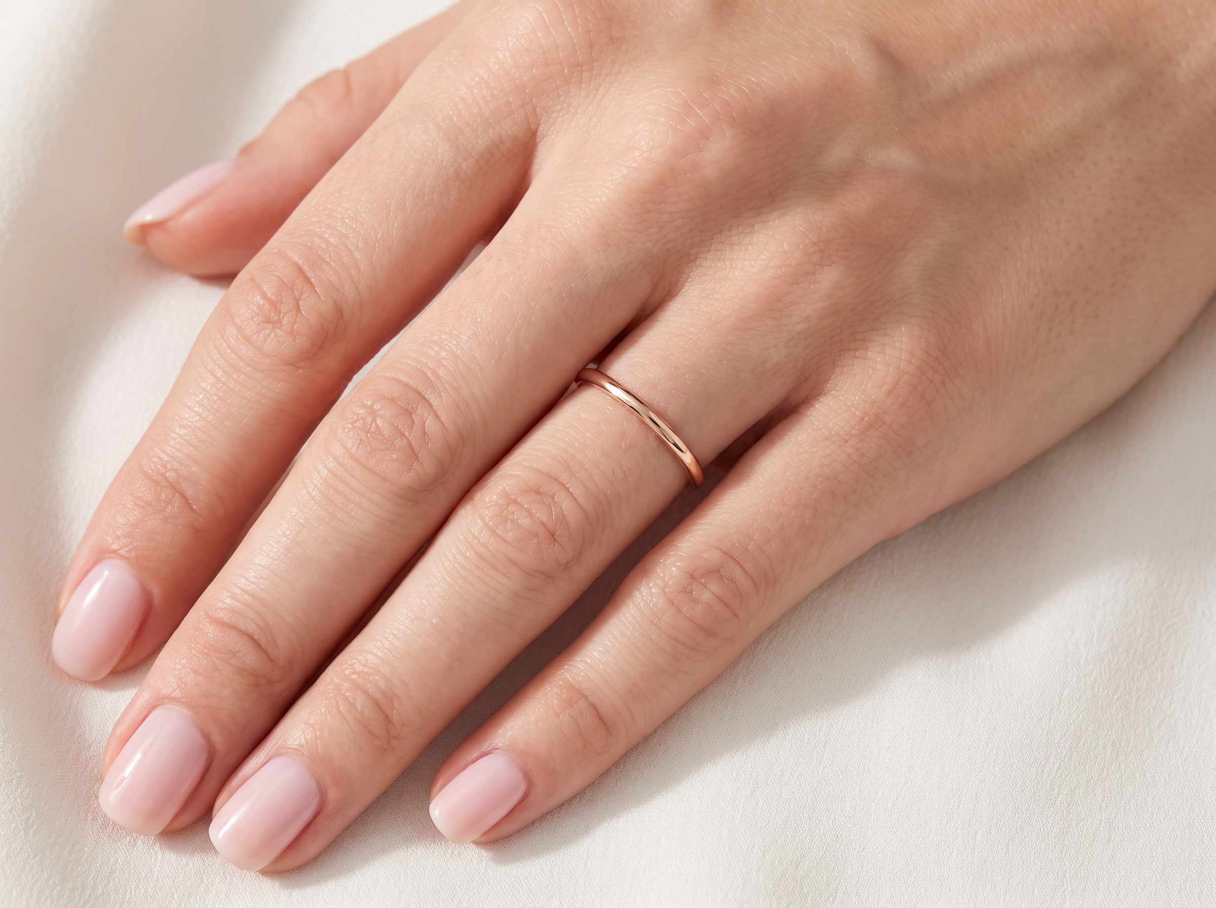 hand A vintage 18 carat gold* wedding ring. Narrow 2mm width, D shape profile