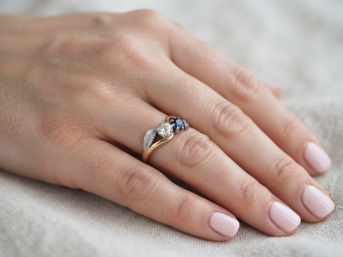 A close-up of a hand wearing a delicate ring with a gold leaf design, a clear center stone, and small dark blue accent stones, resting on a soft beige fabric background.