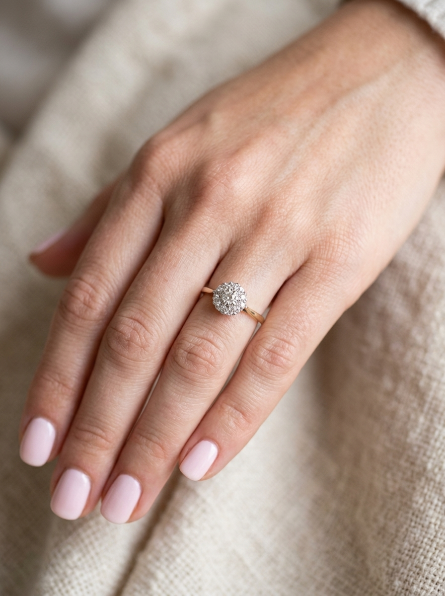 hand A vintage mid 20th century cluster ring. Principle stone a brilliant cut white diamond, 4mm (0.25 carats est) clarity i-j, clarity Si.