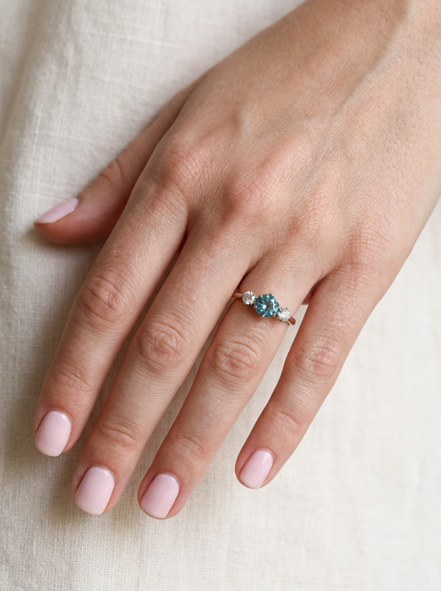 hand A vintage three stone ring. Centre stone, a round 5.8mm natural blue zircon.

To each side an old brilliant cut white diamond 4mm round (est 0.25 carats). Colour i-j, clarity Si.