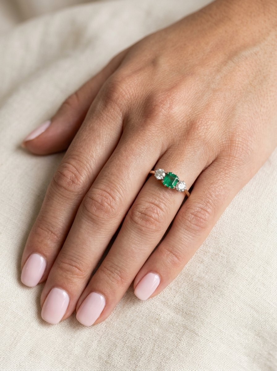 hand A vintage trilogy ring. Centre stone a step cut emerald, 6.5x5.5mm (est .75 carats). The emerald is dark green. 