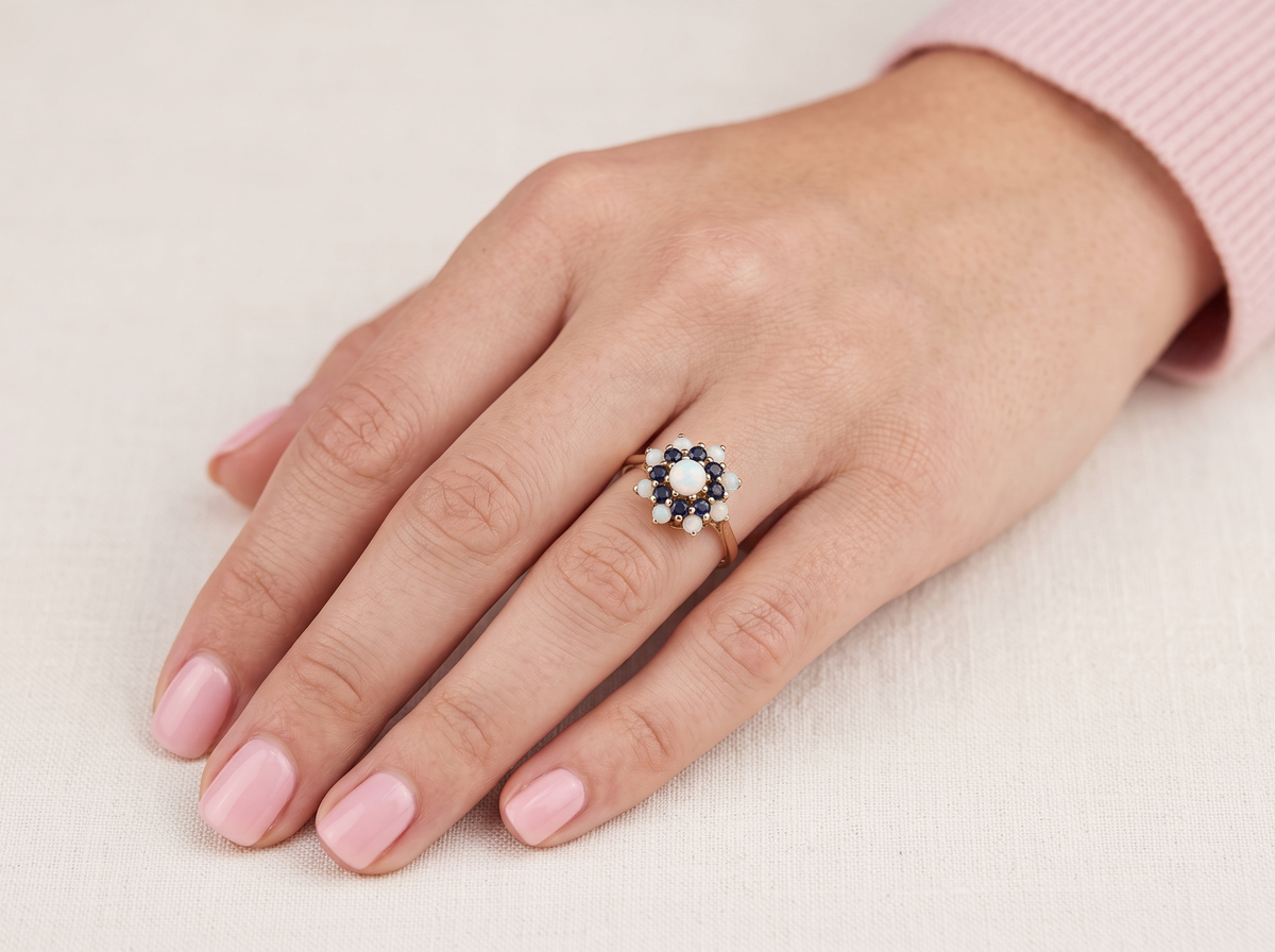 A close-up of a hand wearing a small flower-shaped ring with a gold band, dark blue stones, and a central white stone, set against a light beige textured background.
