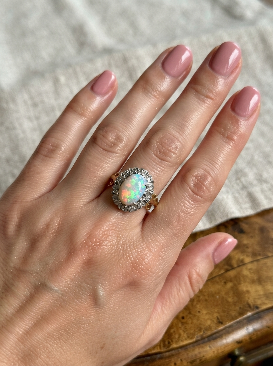 hand An 18 carat gold cluster ring. Features an oval opal centre stone with excellent play of colour with a predominance of watery purple and flashes of orange, and luminous green.
Measures 11x7mm.