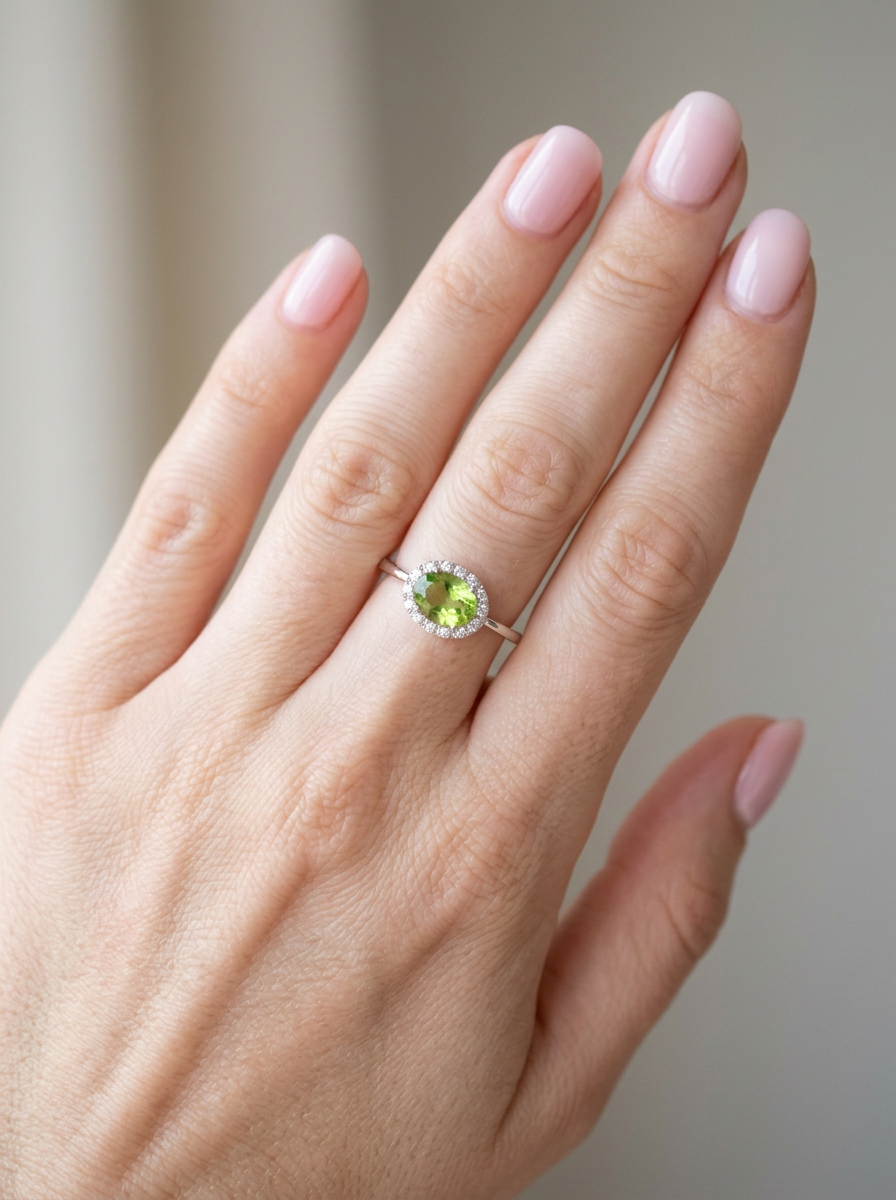 hand An 18 carat white gold* cluster ring. Features and oval shaped peridot gemstone, measures 8.5x6.5mm.
