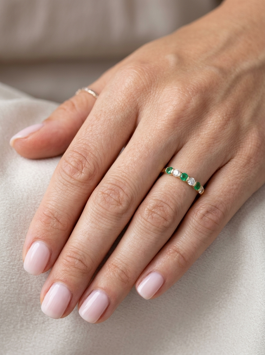 hand An 18 carat yellow gold half hoop eternity ring. Set with four bright green emeralds, each 3mm diameter (est each 0.10 carats) .