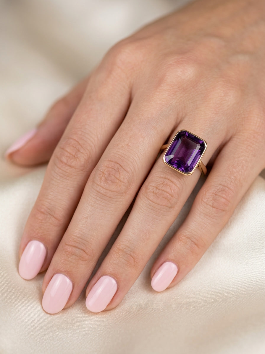 hand An antique dress ring that features a rectangular cut amethyst. Very dark purple, measures 12x10mm. Rim setting.
