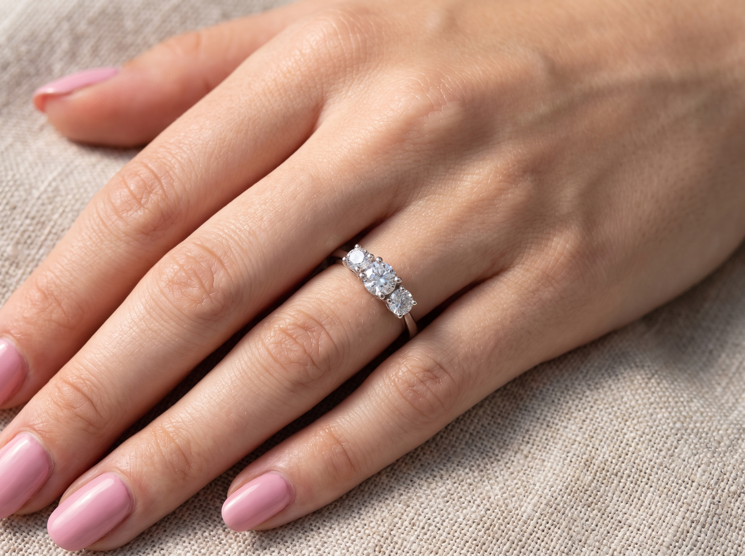 hand An exceptional three stone diamond trilogy ring, beautifully crafted in platinum and set with three modern brilliant cut white diamonds.