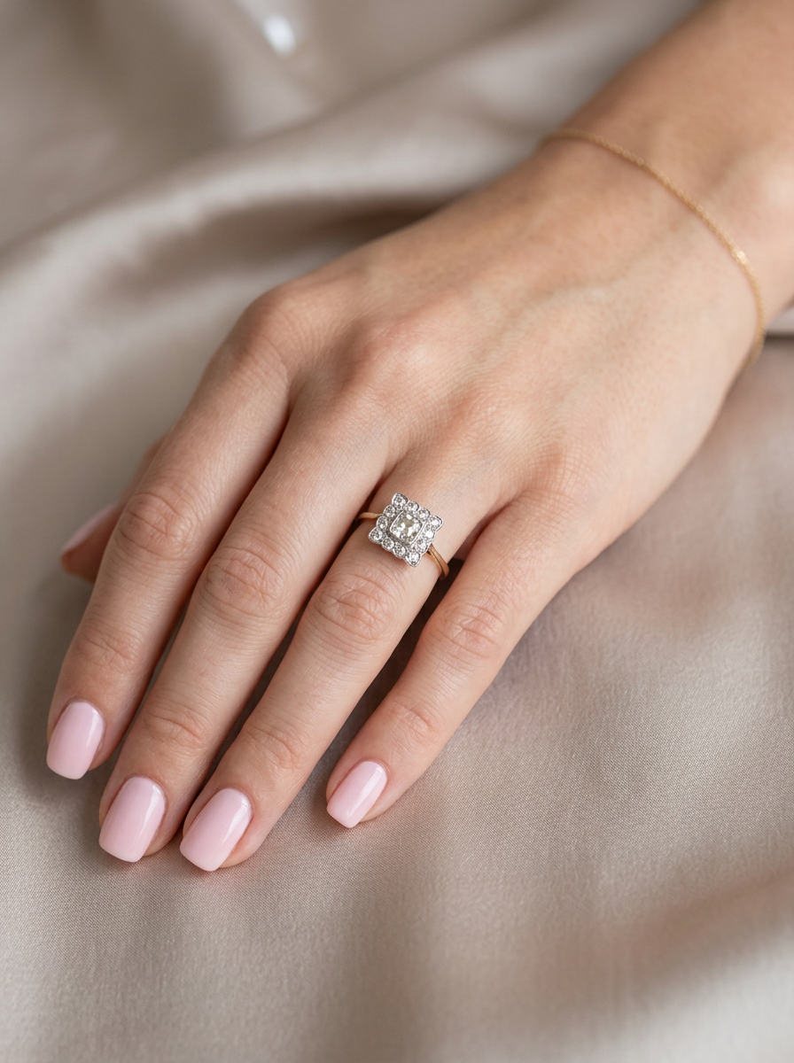 hand  An exquisite Art Deco diamond cluster ring, beautifully handcrafted and rich in period charm.

At its centre sits a striking rectangular cut diamond measuring approximately 5 x 4.8mm, estimated at 0.50 carats, 
