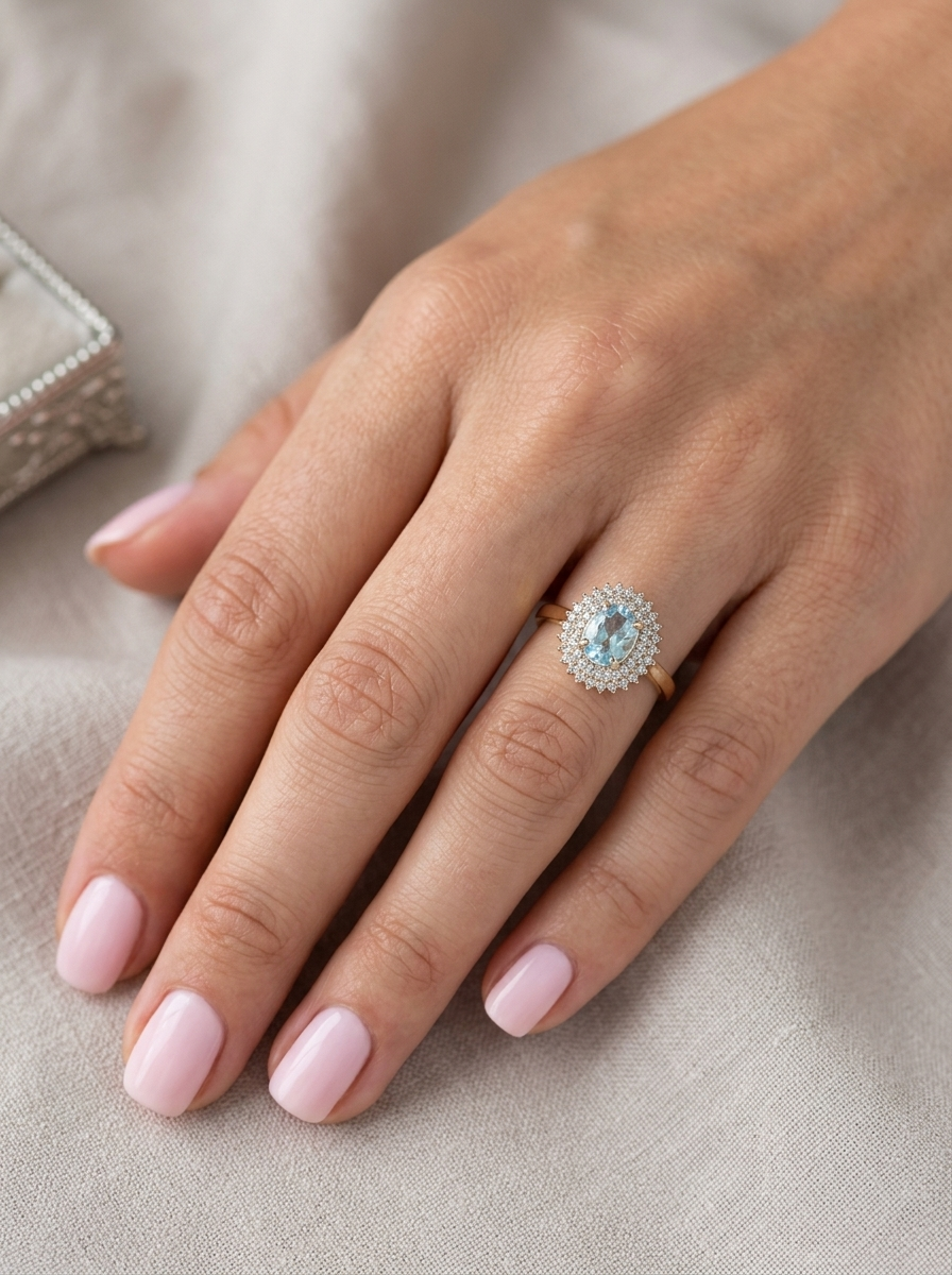 hand An impressive cluster ring that features to the centre an oval cut blue topaz gemstone, 8x6mm sky blue colour.

Complimented by an outer double halo of diamonds