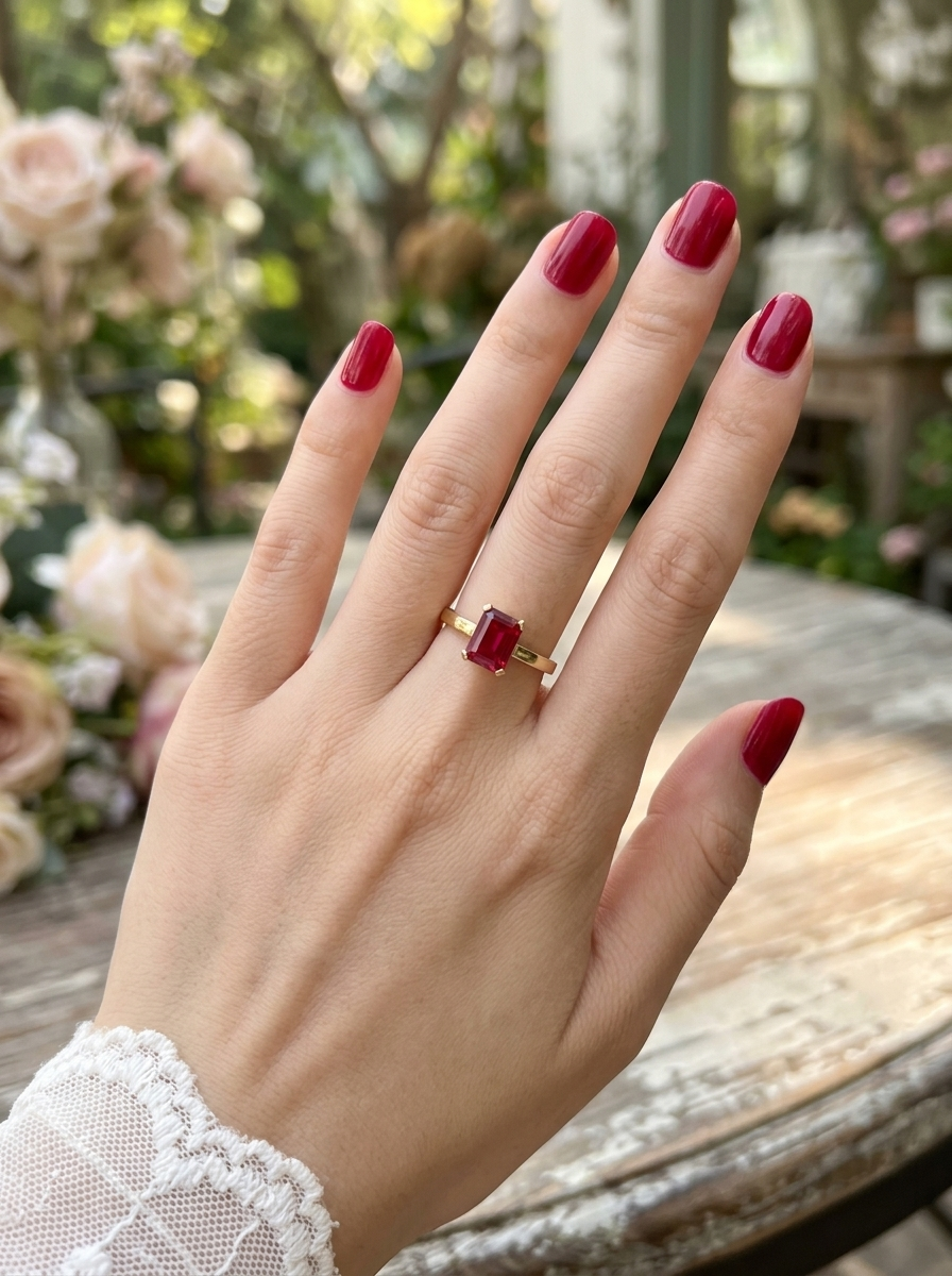 hand An impressive solitaire ring set with a rectangular cut red spinel stone. Measures 8x6mm.