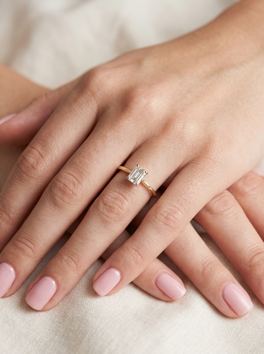 hand Elegant and timeless, this solitaire ring features a beautifully cut emerald-cut diamond measuring 5 x 4mm, confirmed at approximately 0.40 carats. The diamond is graded J colour and VS clarity, offering excellent sparkle and impressive clarity for everyday wear or a meaningful occasion piece.