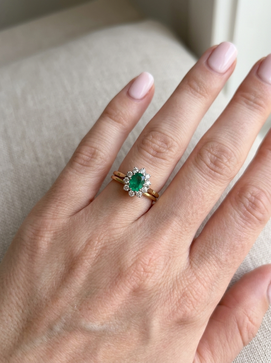 hand Features an oval cut emerald centre stone, vibrant green hues, measures 9x6mm(est 1.75 carats) . Complimented by an outer halo of ten 2.7mm brilliant cut white diamonds (est total 0.60 carats) colour i-j, clarity S.

