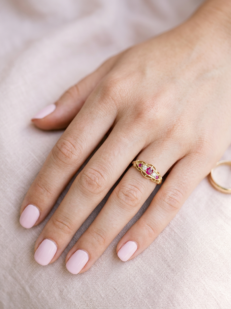 hand Set with three bright rubies, centre 3x2.6mm, each end a 2mm ruby. Each side of the centre stone an old brilliant cut white diamond 2.8mm (est 0.08 carats) . Head measures 17x7mm, weight 3.4grams.&nbsp;