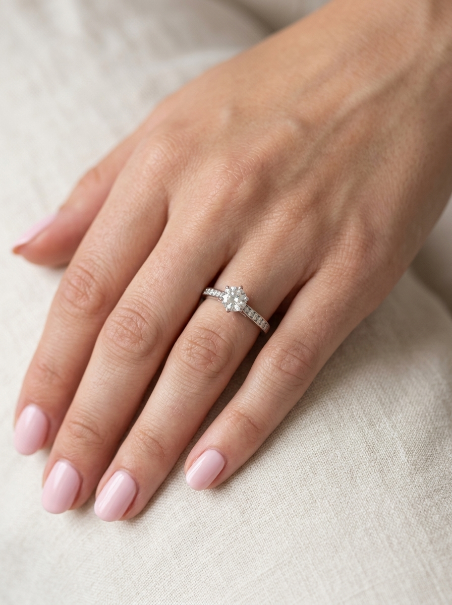 hand  beautiful platinum solitaire ring featuring a brilliant-cut white diamond, claw set, measuring 4.8mm and weighing approximately 0.65ct. Diamond graded I colour, SI1 clarity, with an 88-facet cut.
