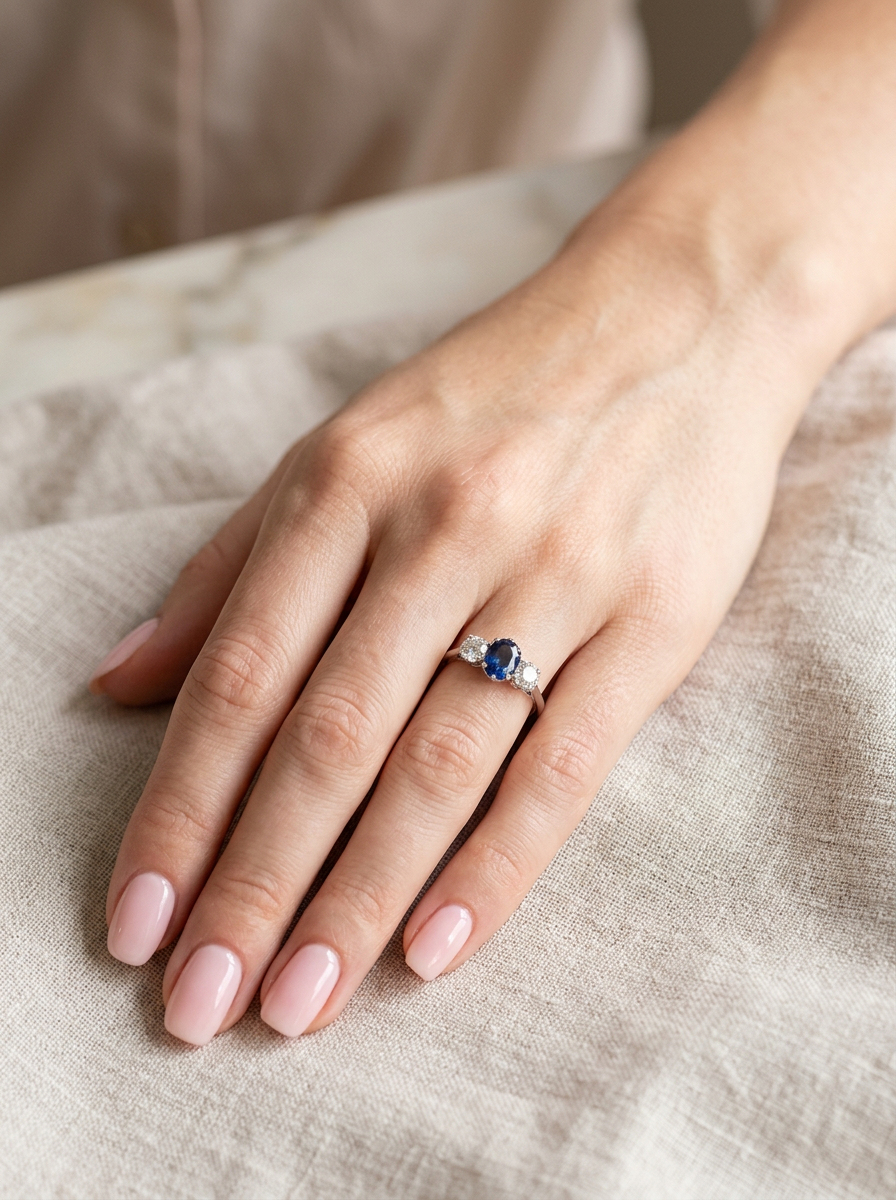hand  classic trilogy ring set with an exquisite oval cut sapphire centre stone, hues of deep&nbsp; blue colour and measuring 6x4.2mm (est approx 0.50 carats) 