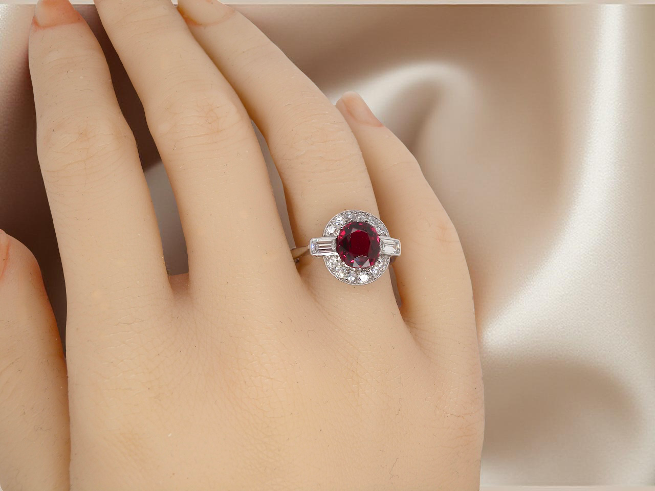 hand  fine Art Deco style cluster ring featuring an untreated natural ruby 