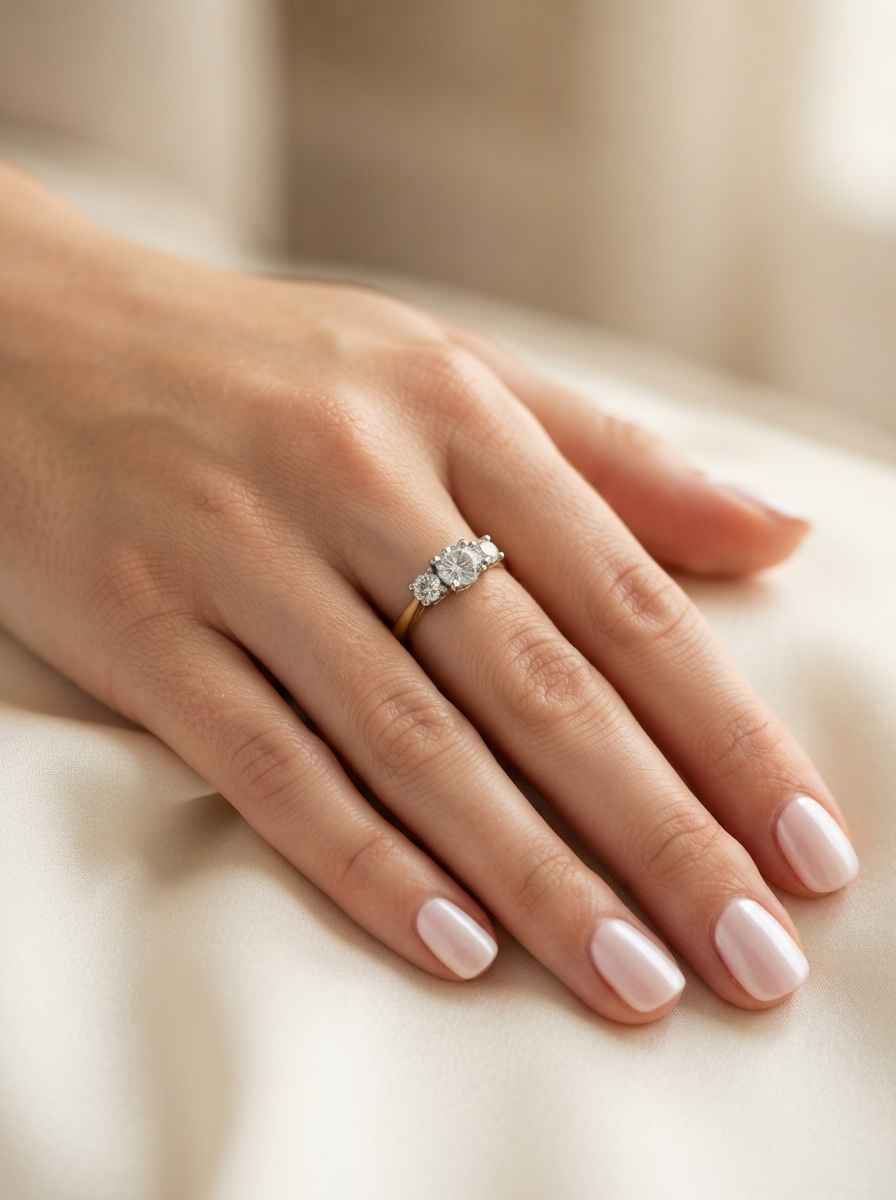 hand model A fine and impressive three stone diamond trilogy ring, beautifully set with three graduated brilliant cut white diamonds.