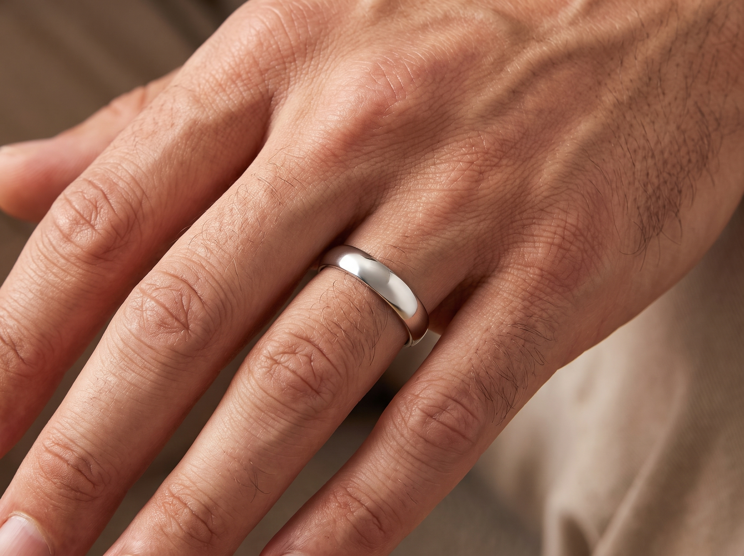 A close-up of a person's hand wearing a simple polished  band ring on one finger, set against a soft beige background.
