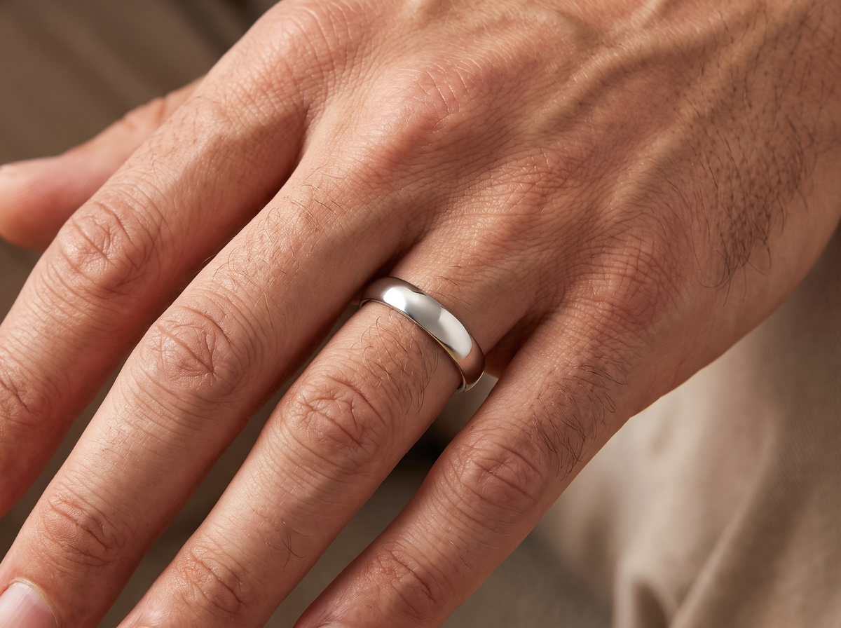 A close-up of a person's hand wearing a simple polished  band ring on one finger, set against a soft beige background.