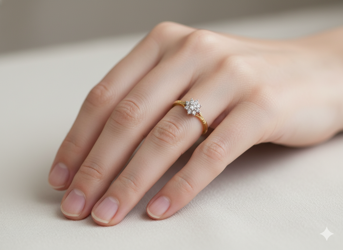 hand pretty cluster ring set with nine brilliant-cut white diamonds.
