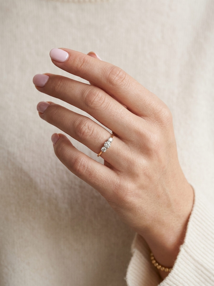 hand with a 3 stone ring