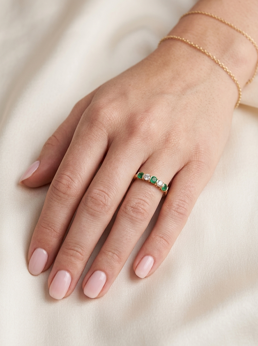 hand A five stone ring set with three emeralds, each 3mm diameter.

Between each two brilliant cut white diamonds, each 3.4mm (0.15 carats each est), colour i-j, clarity Si.
