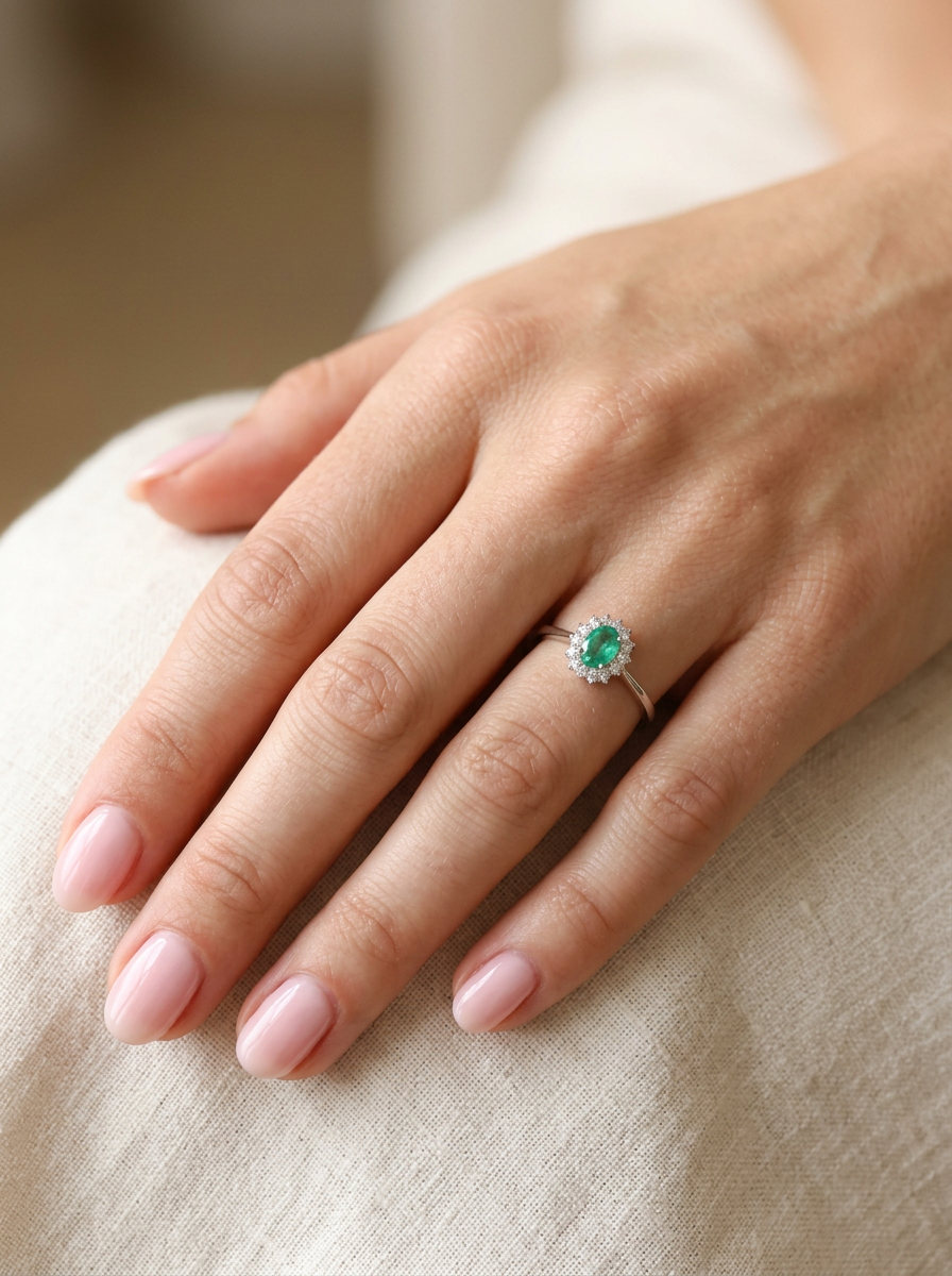 hand A classic cluster ring set with an oval cut emerald centre stone, measures 6x4mm, grass green colour.

Complimented by an outer halo of twelve brilliant cut white diamonds, each 1.7mm (total est at 0.25 carats)