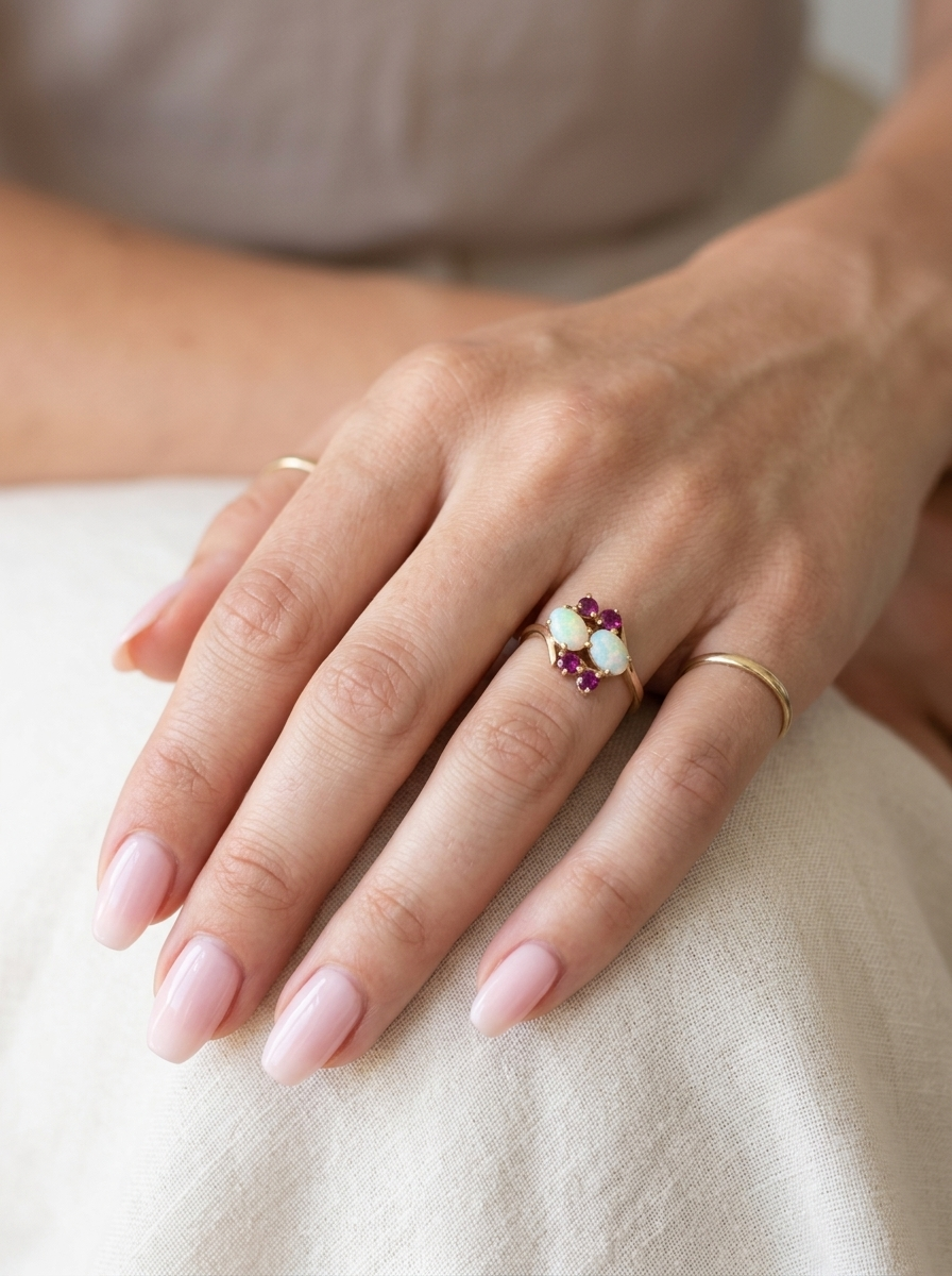 model A 9 carat gold dress ring that features two oval white opals, each 7x5mm, and four rubies each 3.4mm.