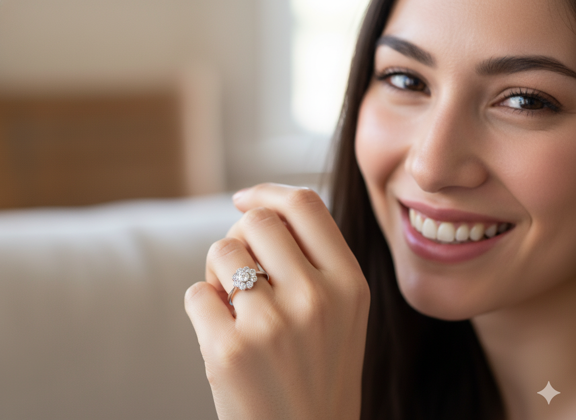 model elegant vintage cluster ring crafted in platinum* and set with a diamond centre stone,&nbsp;0.25ct