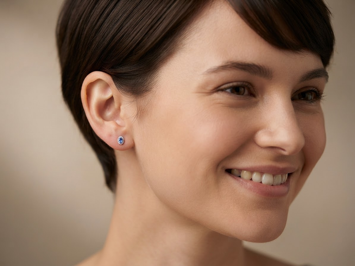 A close-up portrait of a smiling woman with short dark hair wearing a small round stud earring with a blue gemstone on a warm beige background.