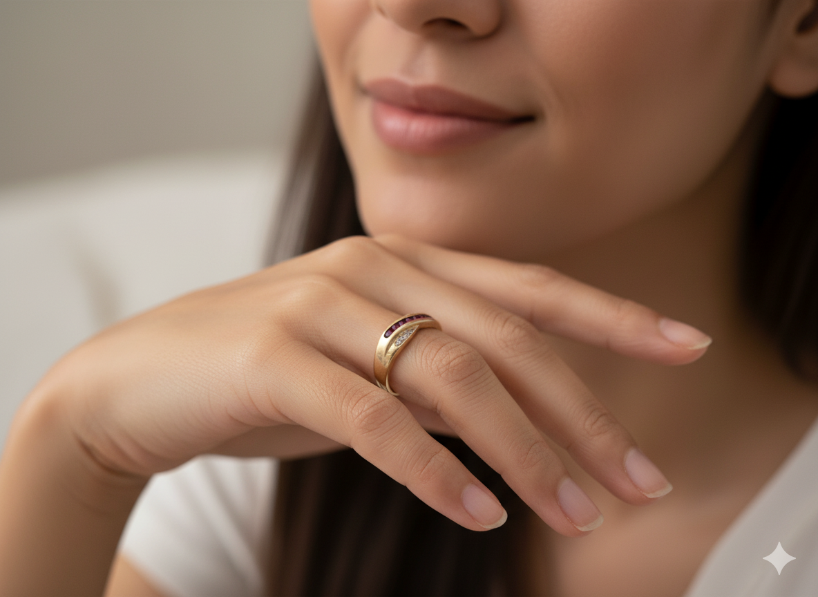 A 9 carat Gold Crossover Ring with Rubies and Diamonds on model