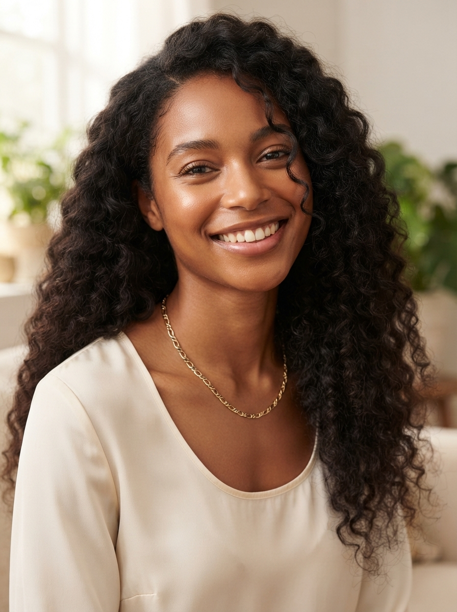 A smiling woman with long hair wearing a cream-colored scoop-neck top and a delicate gold chain necklace, set against a softly blurred indoor background with green plants.