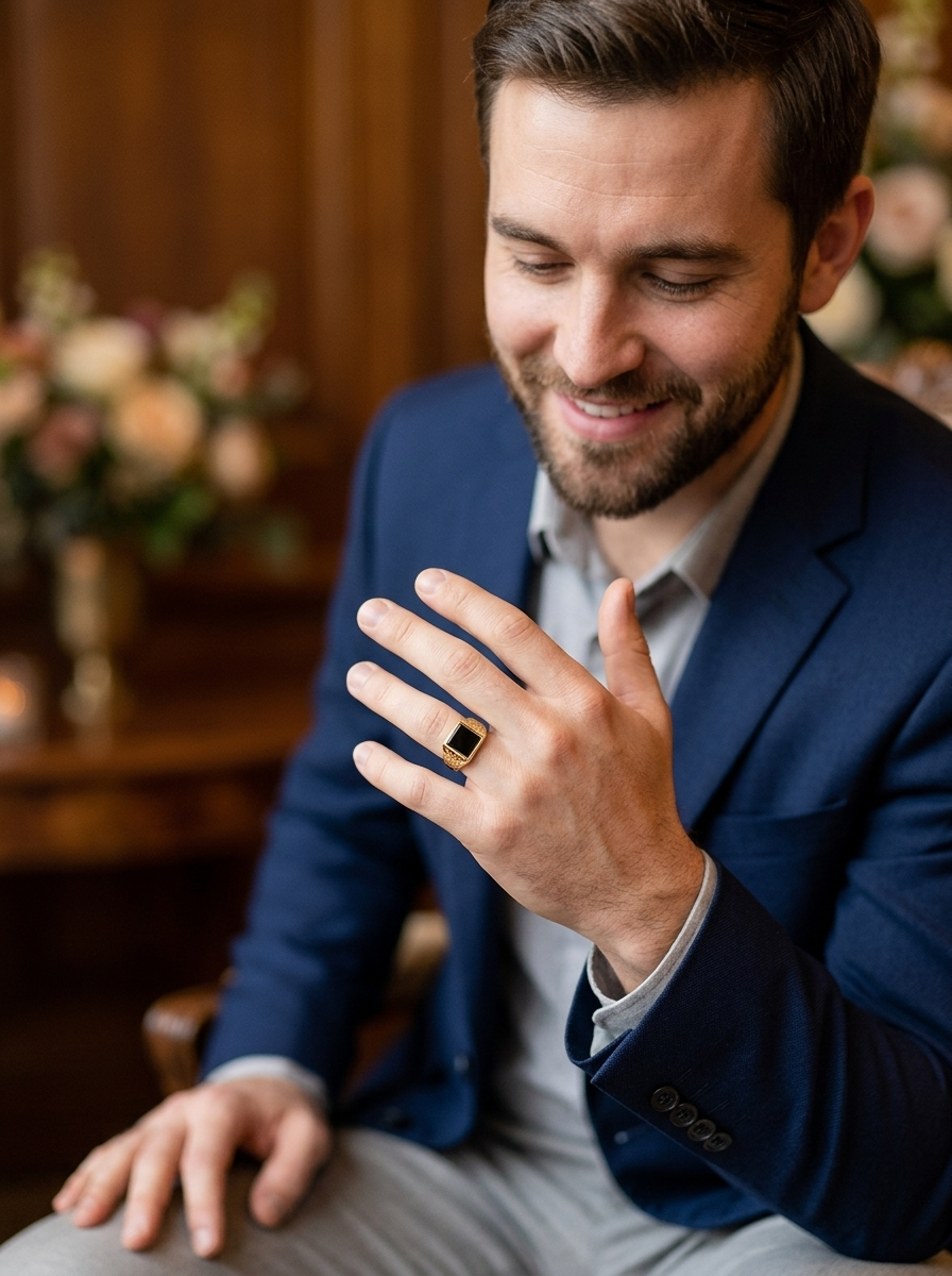 model A 9 carat gold signet ring. Features a square cut black onyx stone, 10x10mm (est) .
