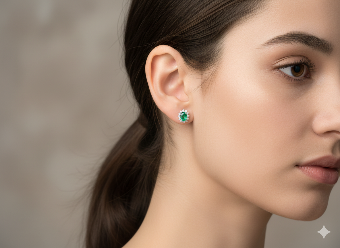 A Pair of Classic Emerald and Diamond Stud Earrings
