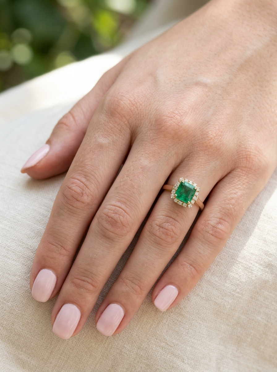 model A beautiful cluster ring set with a large square-cut emerald measuring approximately 7 x 7mm, displaying a deep grass-green colour with natural inclusions, as expected in emeralds.
