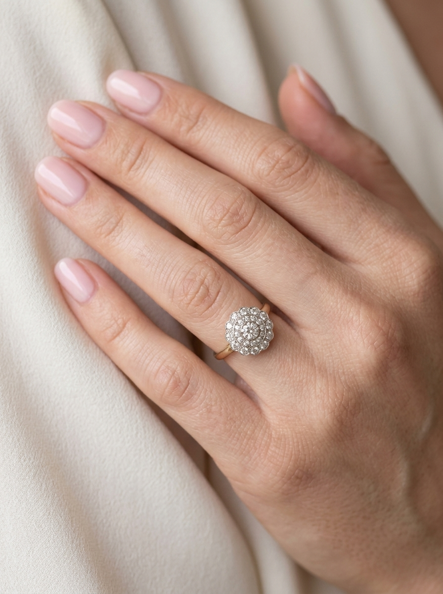 model A beautiful vintage diamond cluster ring.&nbsp; Know as a target cluster, the diamonds are old brilliant cut. Centre diamond 3.8mm (0.20 carats) .&nbsp;