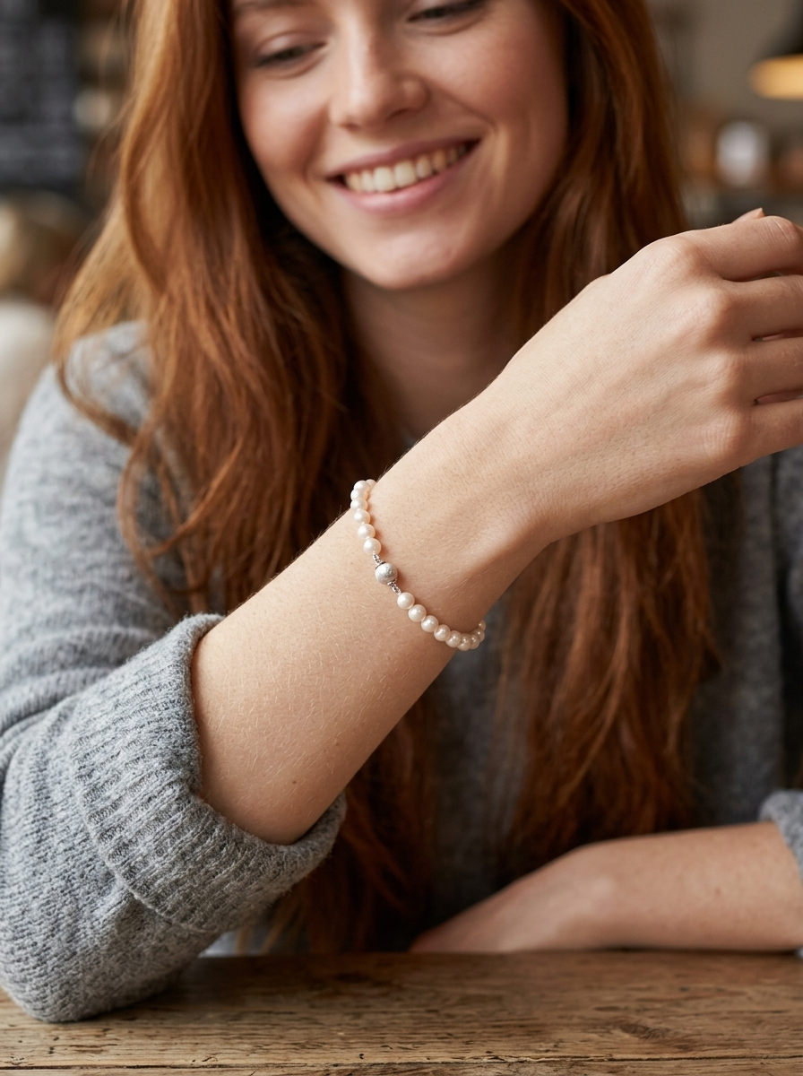 model A cultured pearl bracelet. High quality pearls, each 6.5mm, blister free, pink cream colour.
