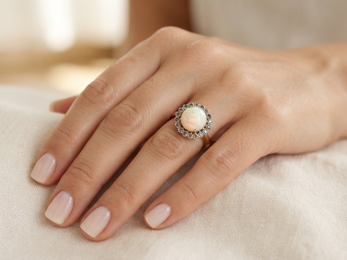 A close-up of a hand wearing a ring with a round iridescent opal center stone surrounded by a halo of small clear stones, set on a soft beige fabric background.