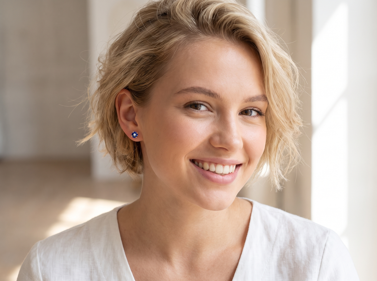 A smiling blonde woman wearing a small blue stud earring, shown in a bright indoor setting with soft natural light.