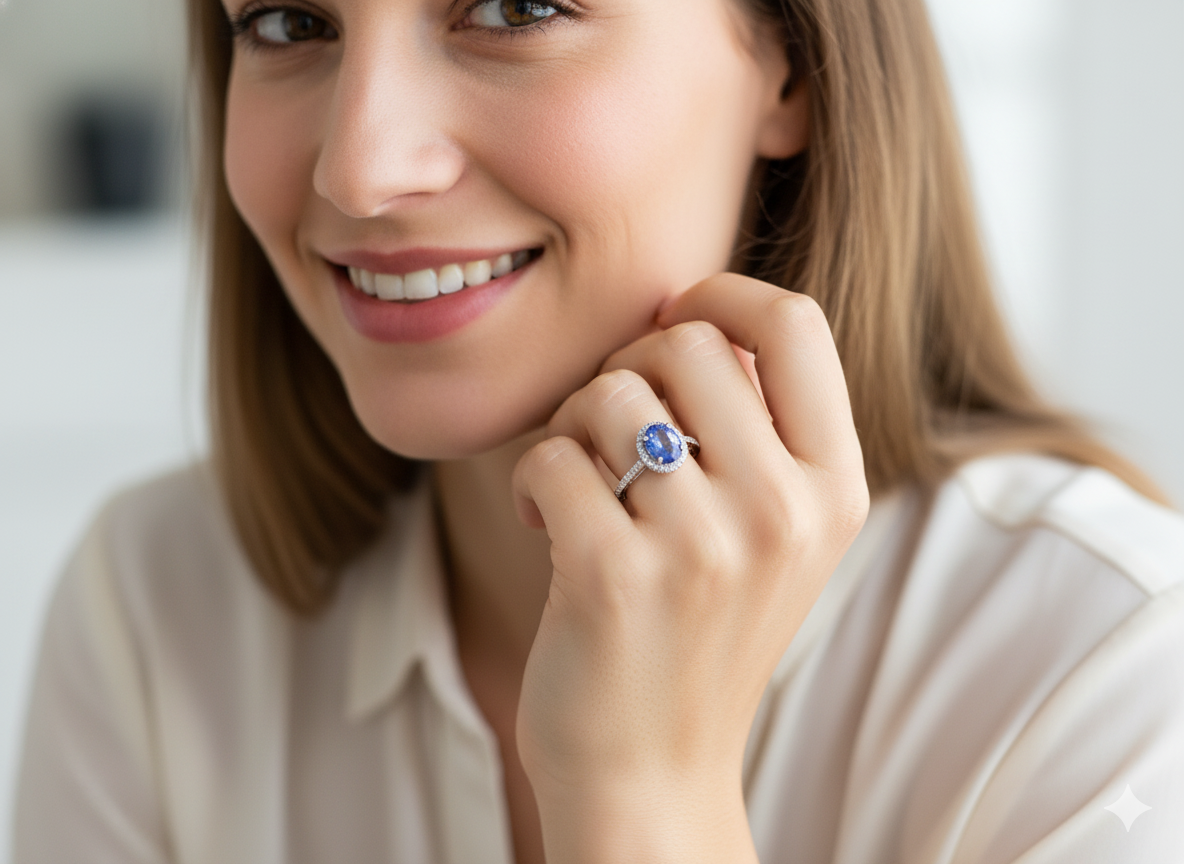 model A fine platinum cluster ring showcasing a vibrant AAA tanzanite