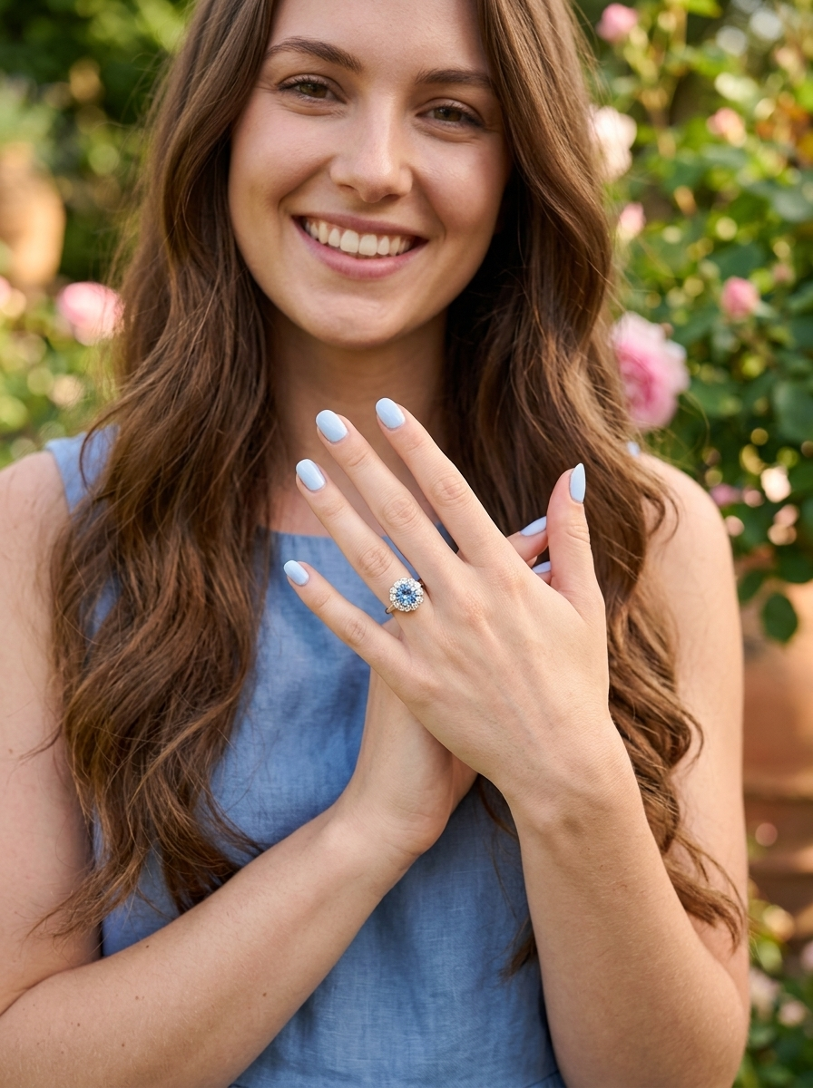 model A fine vintage cluster ring centred with a deep blue aquamarine, measuring approximately 8mm and estimated at 2 carats, securely claw set.
