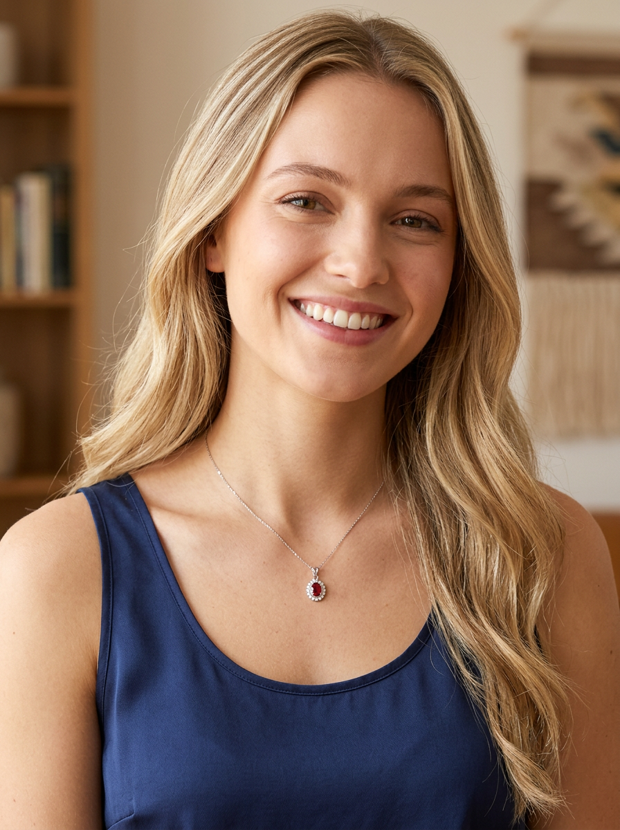 model A fine white gold pendant that features to the centre an oval facet cut ruby, 8x6mm (est 1.25 carats) good deep red colour.
