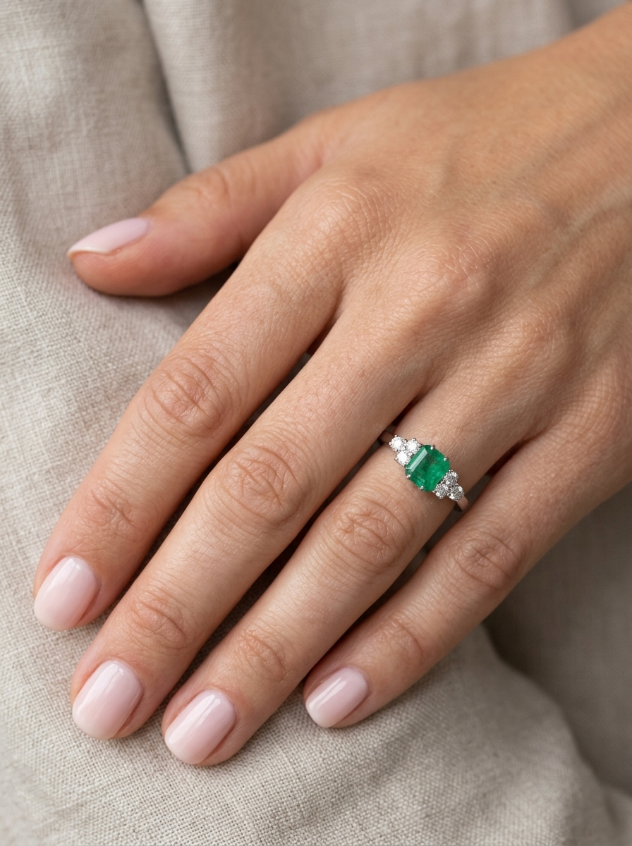 moel A fine white gold* ring that features a rectangular emerald centre stone, measures 6x6.5mm (est one carat), mid to dark green hue, natural inclusions as with most emeralds.
