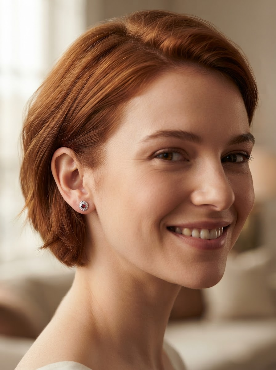 model A lovely pair of stud earrings. Each features an unusual colour sapphire, fireglow orange. A deep orange hue, measures 5mm (est 0.50 carats)
