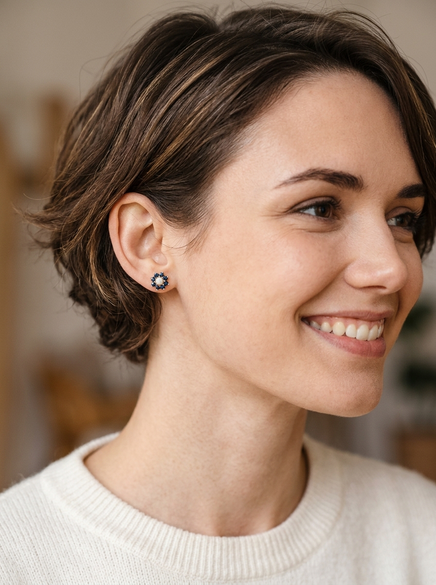 model A pair of 9 carat gold cluster earrings. The centre set with a cultured pearl 4mm diameter. Surrounded by eight round sapphires, each 3.3mm.
