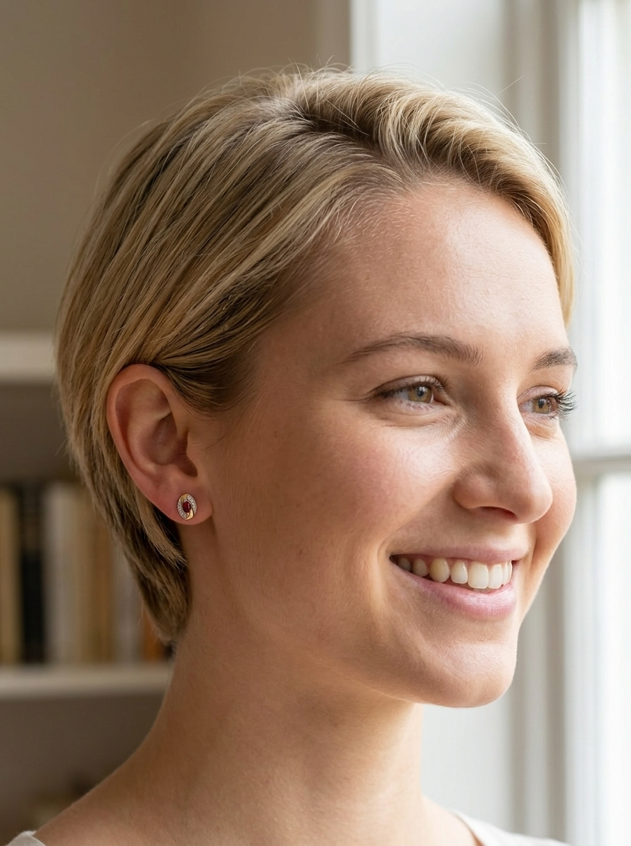 model A pair of 9 carat gold earrings.

Centre stone an marquise cut ruby, 5x3mm